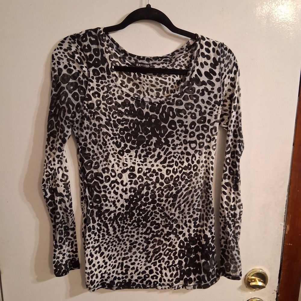 Vintage Y2K Express Leopard Print Sheer Fitted Top‎ Black White M EUC